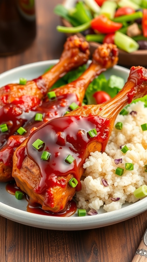Slow cooker chicken drumsticks glazed with barbecue sauce, served with rice and salad on a rustic table.